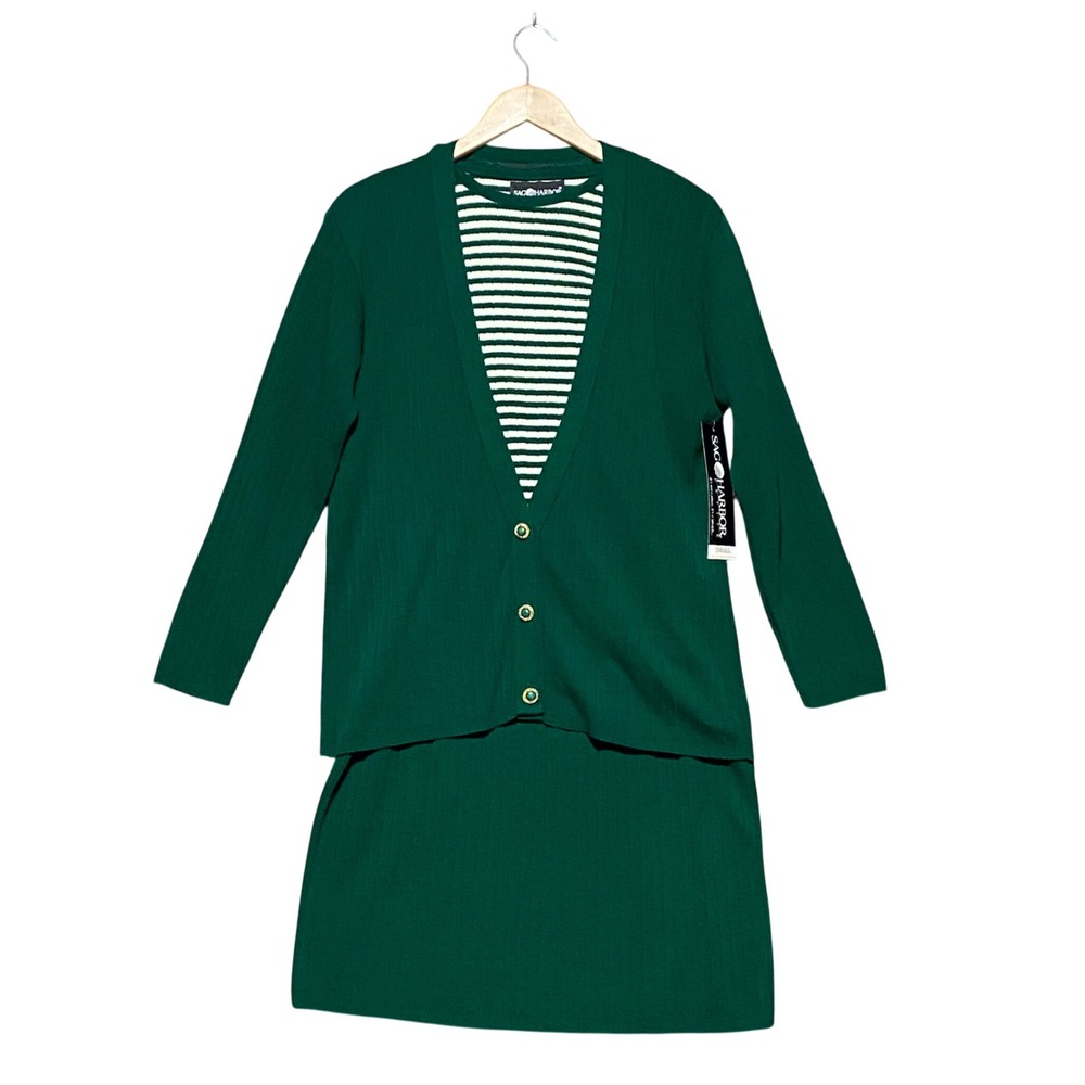Sag Harbor Petite 3pc Cardigan Striped Top Skirt Set Pine Green Vintage NWT S/M